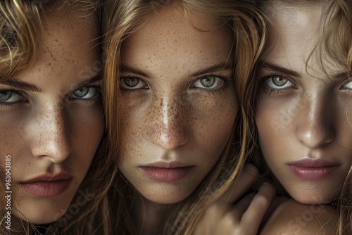 The portrait showcases three women with unique features, each displaying captivating expressions. Their striking green eyes and freckles create a harmonious blend of individuality and beauty.