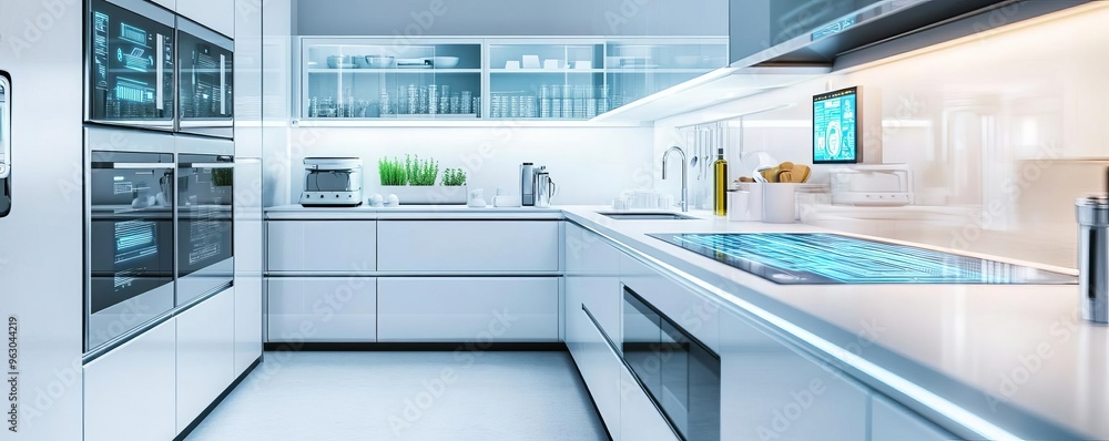 Kitchen with a tech hub for meal planning and virtual cooking classes, futuristic theme Kitchen with a tech hub for meal planning and virtual cooking classes, futuristic theme