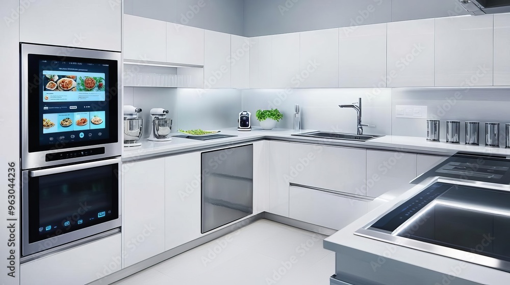 Kitchen with built-in recipe screen and digital assistant, tech-savvy culinary space Kitchen with built-in recipe screen and digital assistant, tech-savvy culinary space