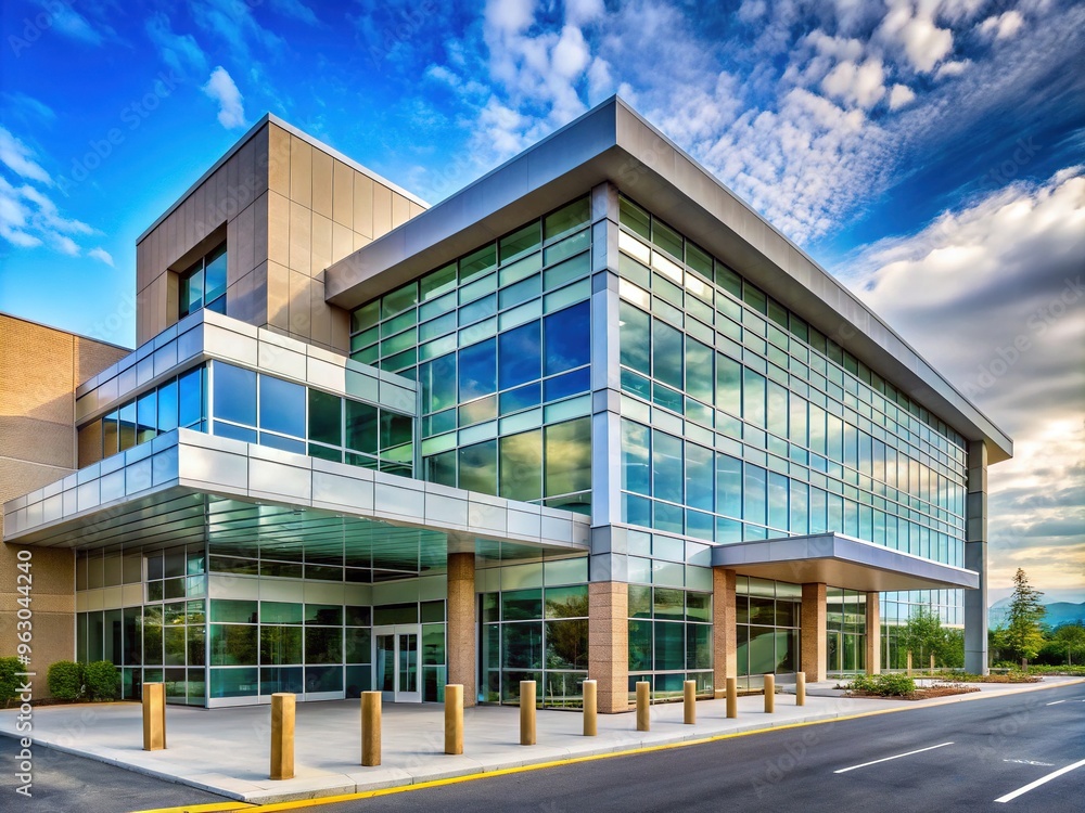 A modern hospital building with a sturdy concrete foundation, large glass windows, and a prominent emergency entrance, conveying a sense of strength and resilience. A modern hospital building with a sturdy concrete foundation, large glass windows, and a prominent emergency entrance, conveying a sense of strength and resilience.