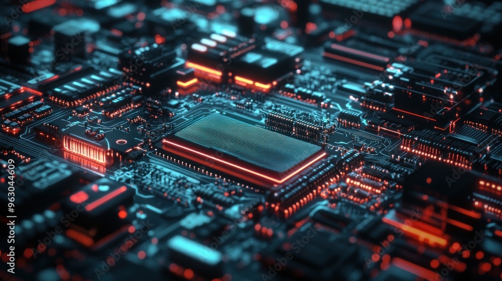Circuit Board with Red and Blue Lights Circuit Board with Red and Blue Lights
