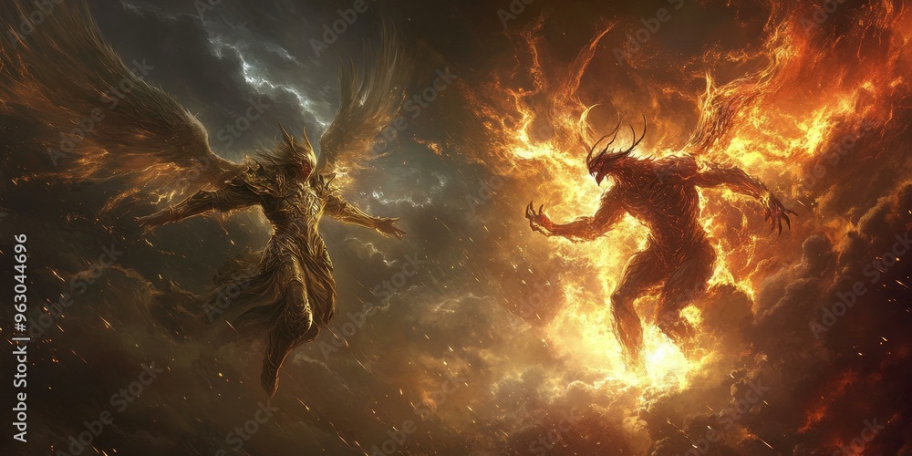 Fototapeta premium Fiery winged figures clash in a battle of light and