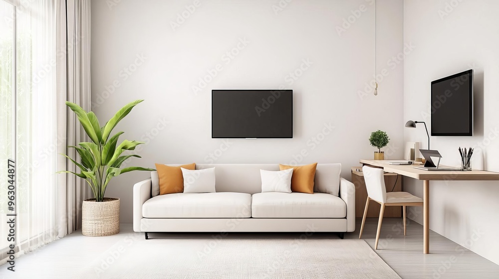 Living room with a convertible sofa, work desk, and entertainment setup, dynamic Living room with a convertible sofa, work desk, and entertainment setup, dynamic