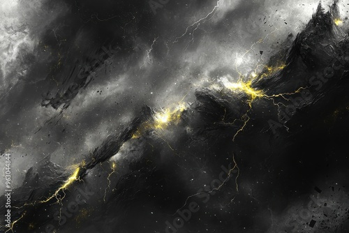 Dramatic stormy sky with powerful lightning bolts striking through dark clouds