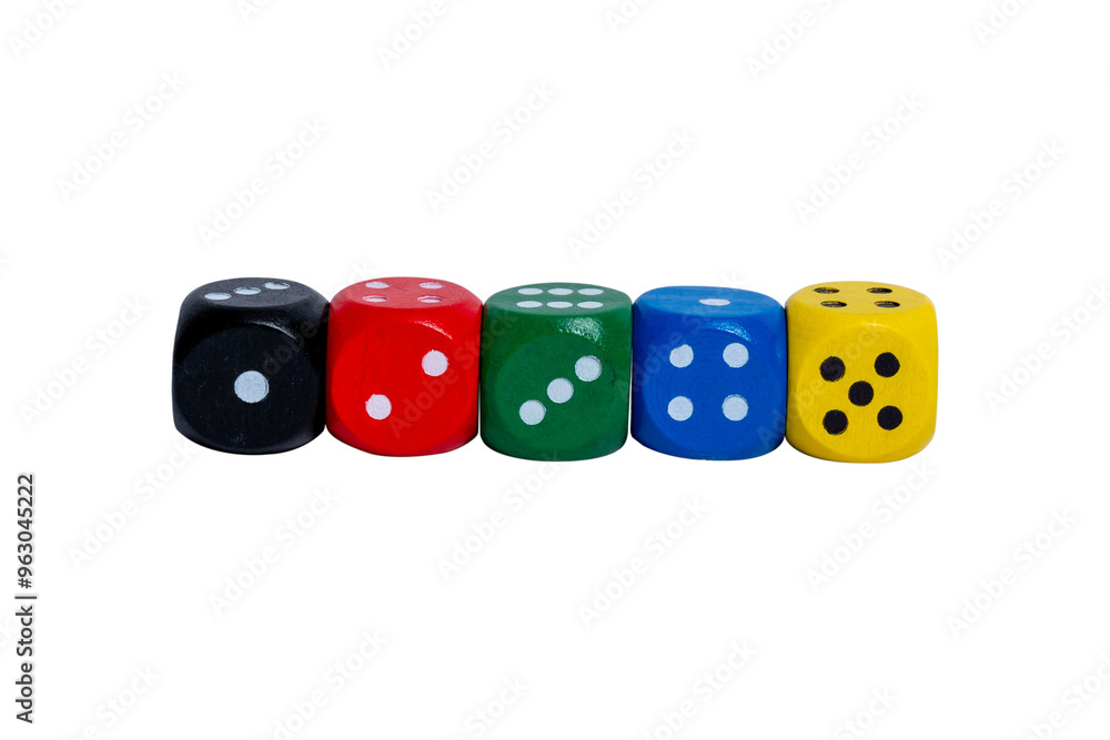 Different colored dice on a transparent background. Five bright colors.