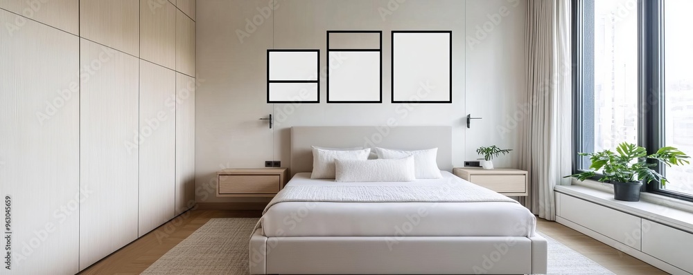 Fototapeta premium Minimalist bedroom with multifunctional furniture for various uses, serene and efficient