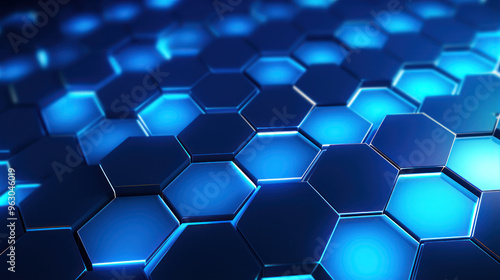 Blue hexagon background. Hexagonal structure, honeycomb pattern, metallic. Illuminated outlines. Depth and three-dimensionality. Modern, geometric, futuristic and technological design.