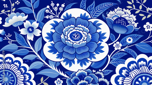 Asian traditional blue and white floral background