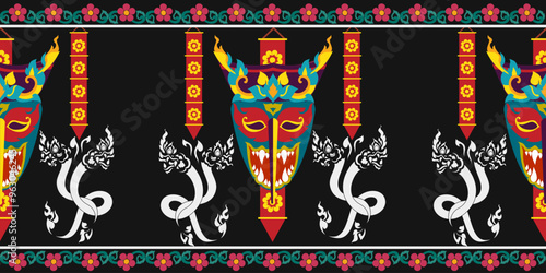 Thai art mask and serpent seamless pattern  ,vector illustrations on thai tone background. Collection of mask and perfect for invitations, fabric, textile, posters, prints, banners.