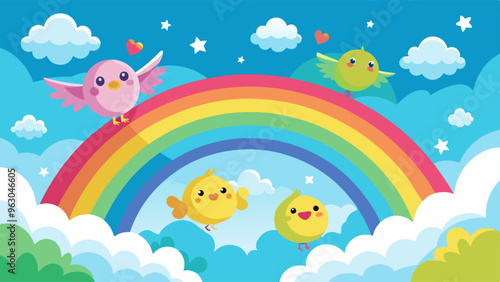 Clouds and rainbow with cute birds