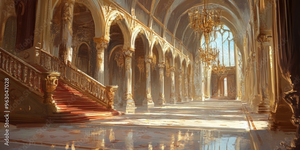 Obraz premium Ornate hallway with grand staircase and chandelier.