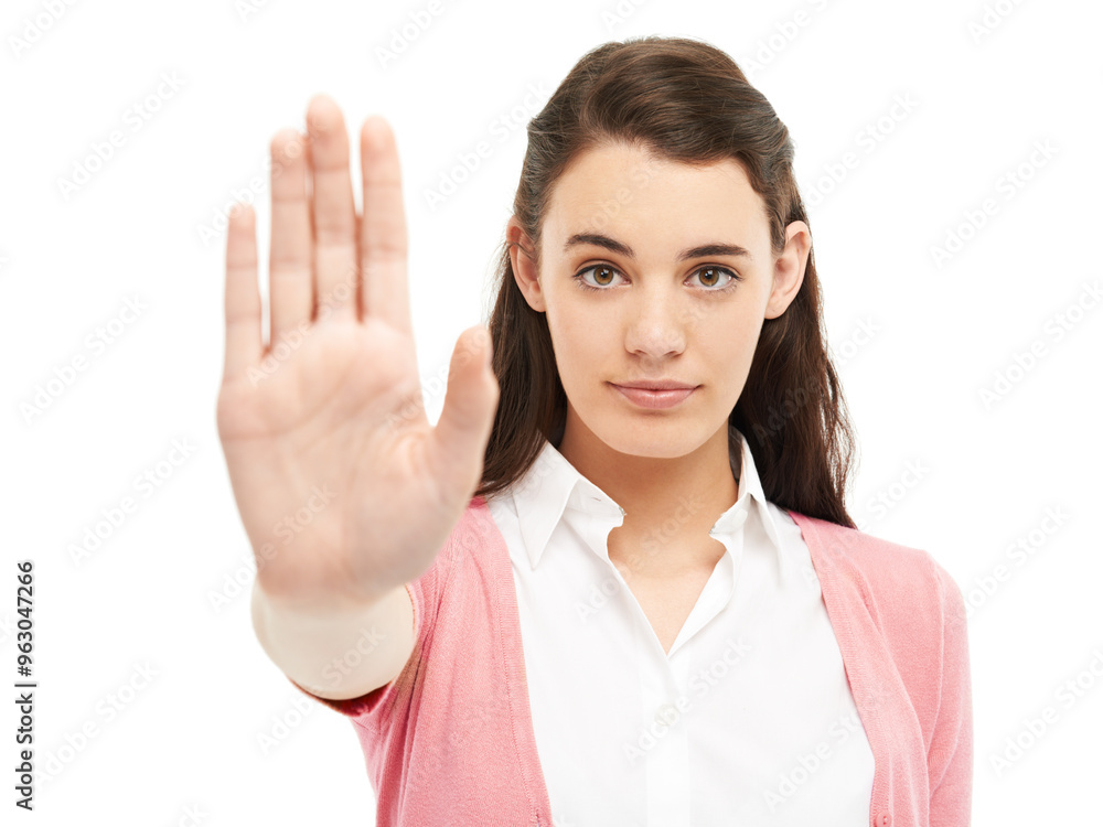 Portrait, woman and stop with hand gesture in studio for protest announcement, warning sign and violence danger. Serious, girl and fear emoji for conflict attention, human rights and white background Portrait, woman and stop with hand gesture in studio for protest announcement, warning sign and violence danger. Serious, girl and fear emoji for conflict attention, human rights and white background
