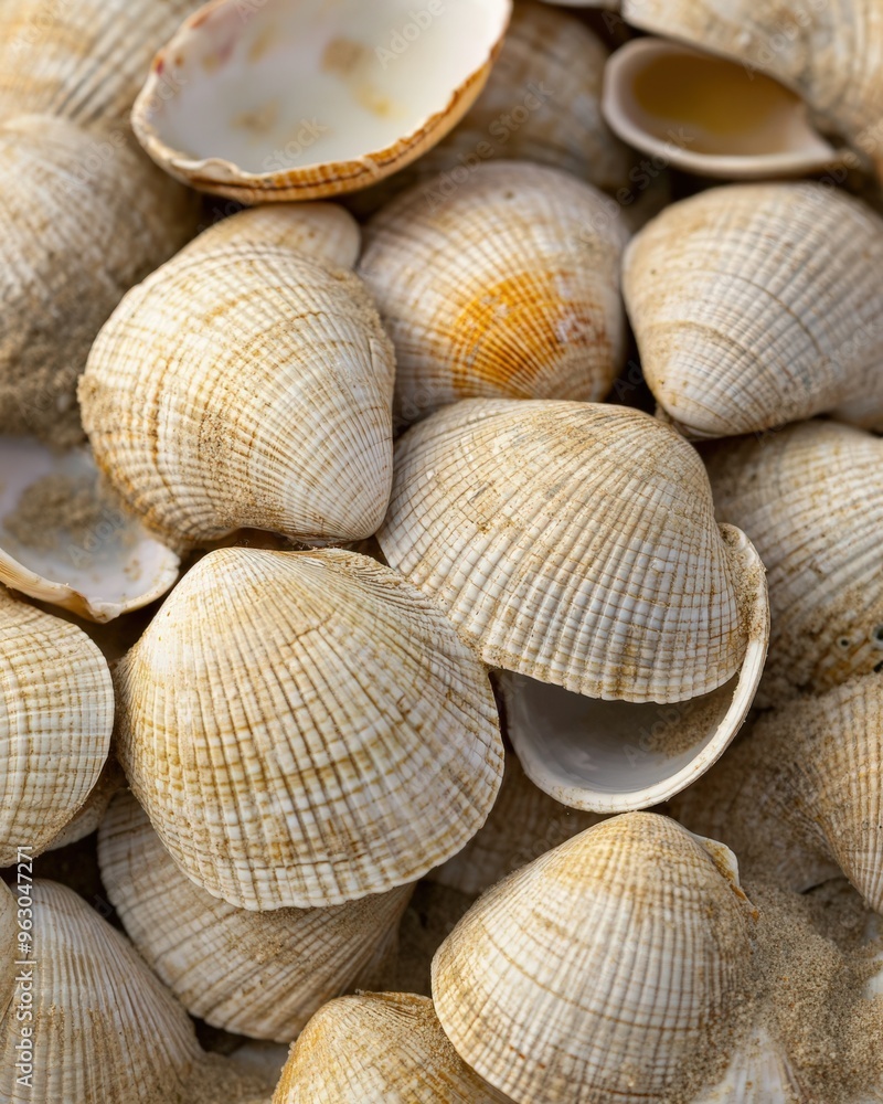 Clam Shells. Close-up Texture of Clam Shells Pile on Beach Background Clam Shells. Close-up Texture of Clam Shells Pile on Beach Background