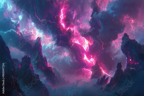 Dramatic stormy sky with vibrant pink lightning bolts striking through dark clouds