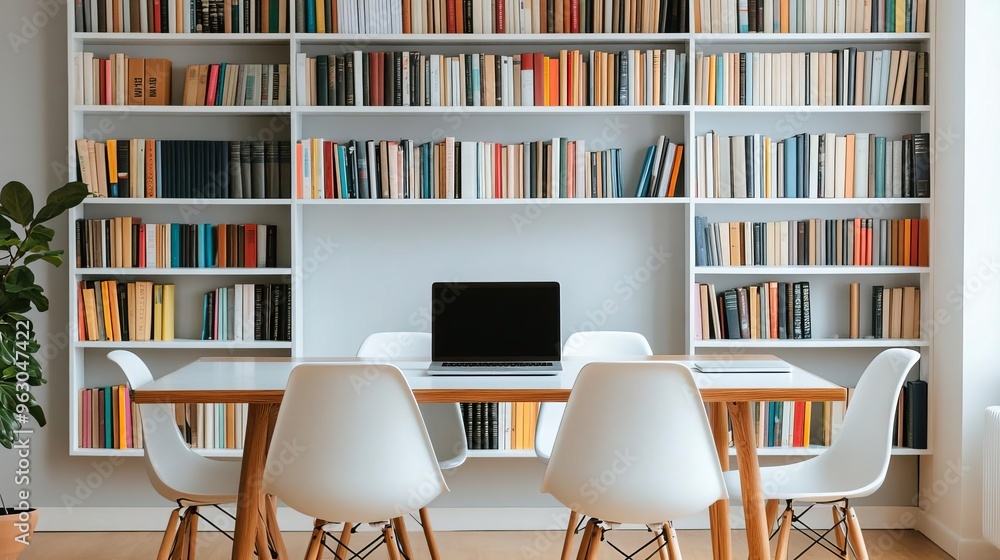 Multi-use dining area with bookshelves and a laptop station, mid-century modern style