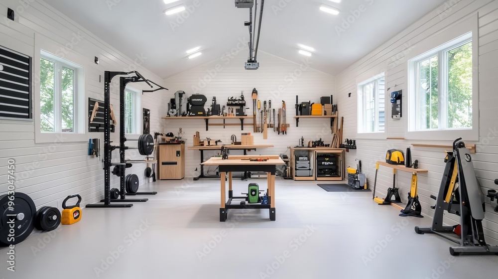 Fototapeta premium Multi-use garage with a woodworking station and workout equipment, masculine theme