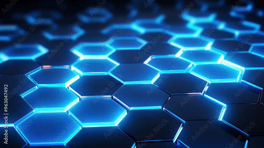 Blue hexagon background. Hexagonal structure, honeycomb pattern, metallic. Illuminated outlines. Depth and three-dimensionality. Modern, geometric, futuristic and technological design. Blue hexagon background. Hexagonal structure, honeycomb pattern, metallic. Illuminated outlines. Depth and three-dimensionality. Modern, geometric, futuristic and technological design.