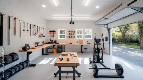 Multi-use garage with a woodworking station and workout equipment, masculine theme