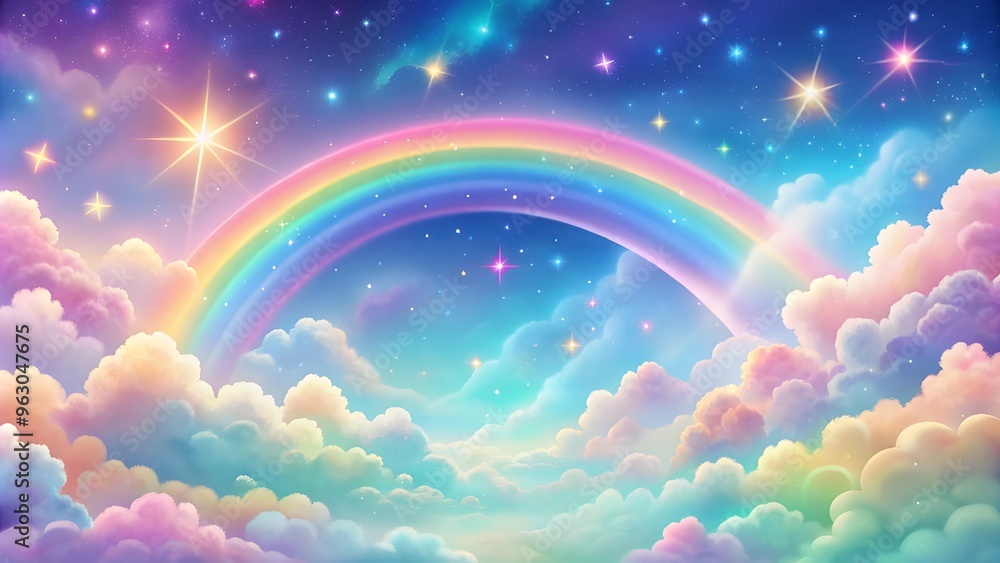 Holographic fantasy rainbow background with clouds and stars. Pastel color sky. Magical landscape, abstract fabulous pattern. Cute candy wallpaper Holographic fantasy rainbow background with clouds and stars. Pastel color sky. Magical landscape, abstract fabulous pattern. Cute candy wallpaper