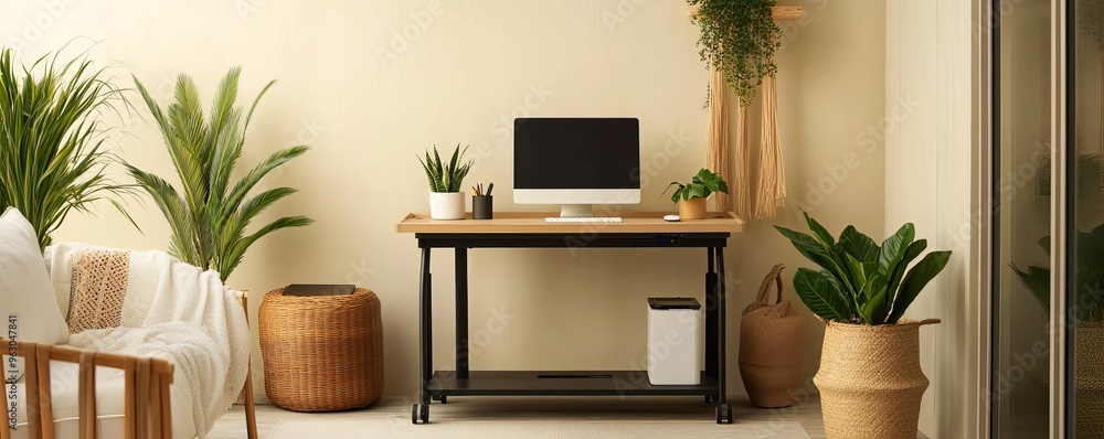 Outdoor patio with a mobile workstation, nature-inspired decor, and remote work vibe Outdoor patio with a mobile workstation, nature-inspired decor, and remote work vibe