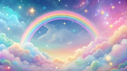 Ingelijste posters Regenboog Sprookjeshemel met pastelwolken en sterren  © designhunt