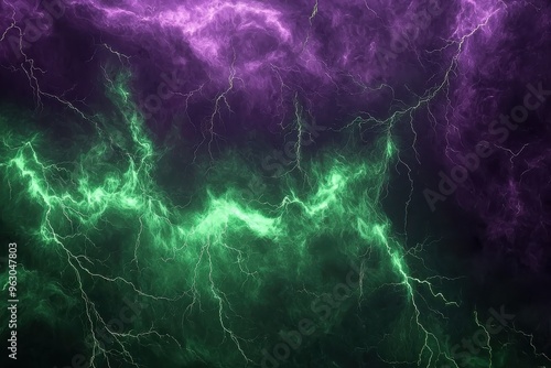 Dramatic stormy sky with vivid purple and green lightning bolts