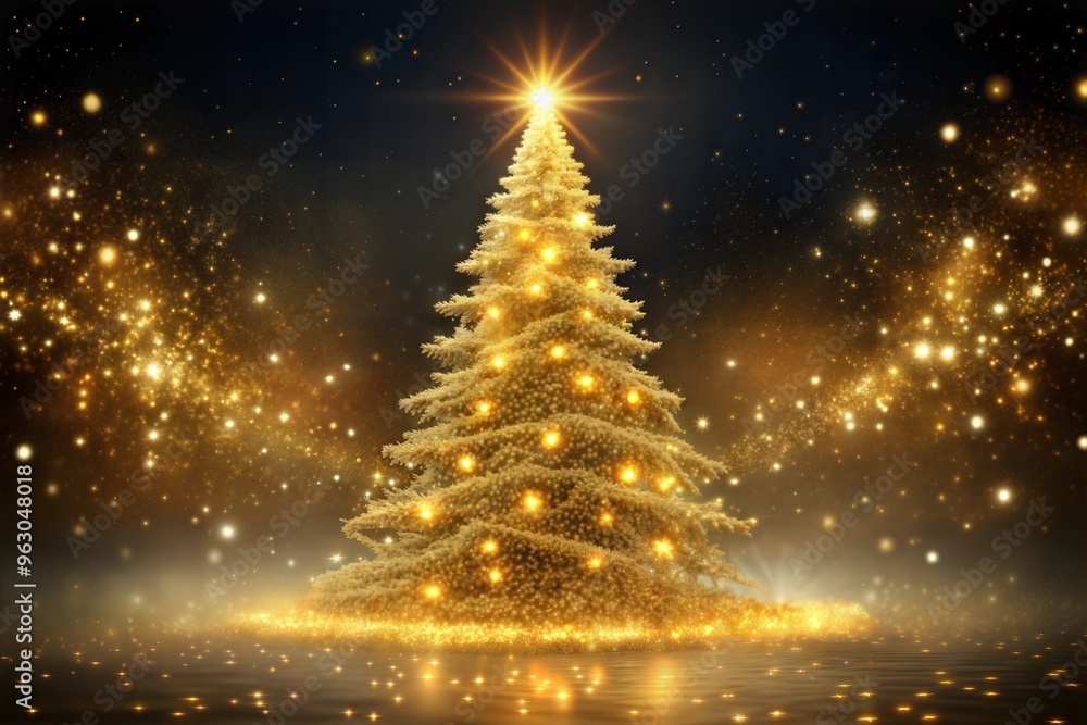 Radiant golden christmas tree illuminated with sparkling lights in starry night sky Radiant golden christmas tree illuminated with sparkling lights in starry night sky