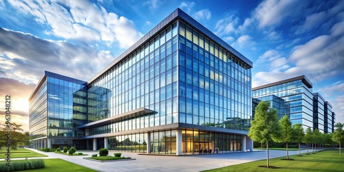 A sleek, modern corporate headquarters with a gleaming glass and steel façade, sprawling campus, and busy urban surroundings exuding success and professional excellence.