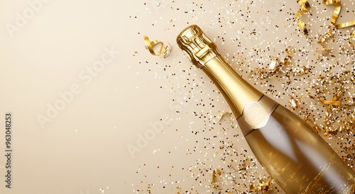 Golden champagne bottle with sparkling confetti for New Year celebration with copy space. Party concept. 