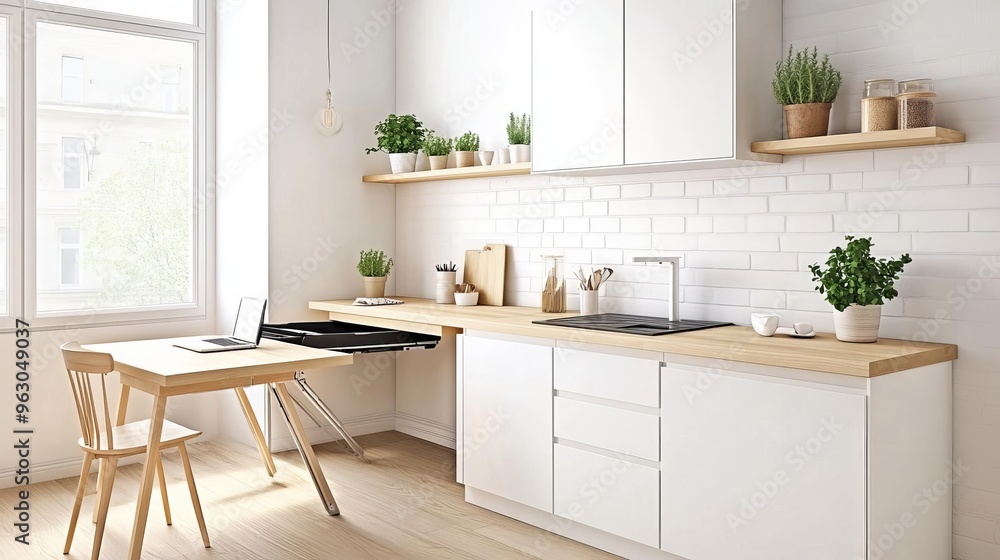 Small kitchen with foldable dining table and work desk, smart use of space Small kitchen with foldable dining table and work desk, smart use of space