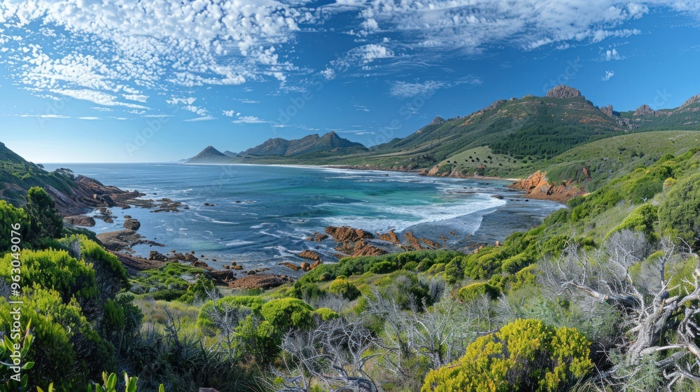 Scenic panoramic view of turquoise ocean bay, surrounded by mountains and lush green vegetation. Concept of travel, nature, landscape, and tourism. Scenic panoramic view of turquoise ocean bay, surrounded by mountains and lush green vegetation. Concept of travel, nature, landscape, and tourism.