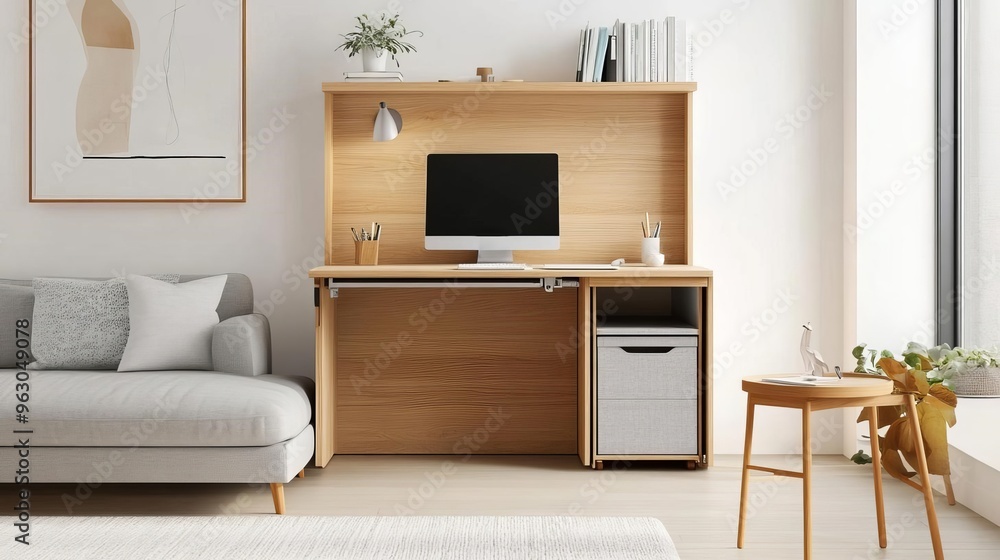 Small living area with a pull-out desk and hidden storage, compact and organized Small living area with a pull-out desk and hidden storage, compact and organized