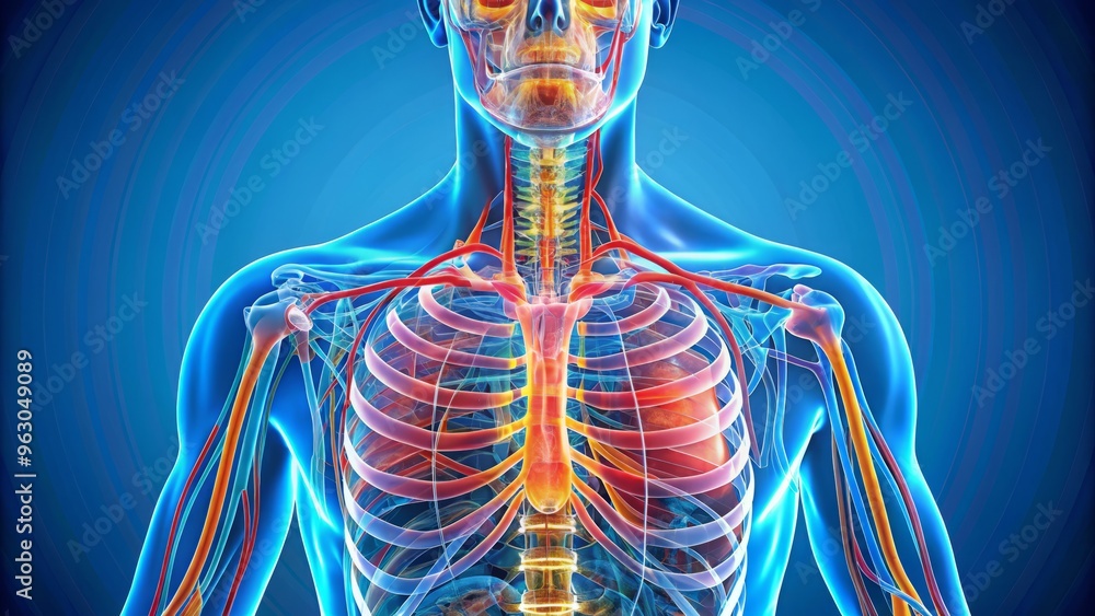 Skeletal vector artwork featuring respiratory system anatomy Skeletal vector artwork featuring respiratory system anatomy