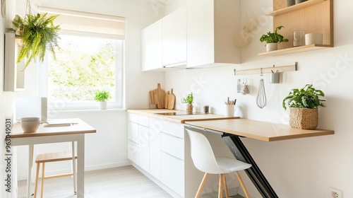 Small kitchen with foldable dining table and work desk, smart use of space