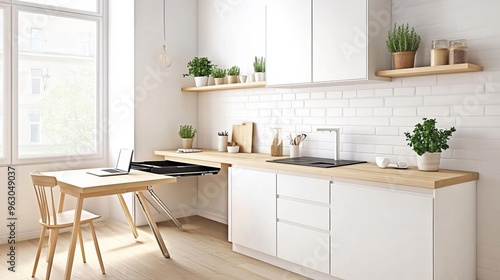 Small kitchen with foldable dining table and work desk, smart use of space