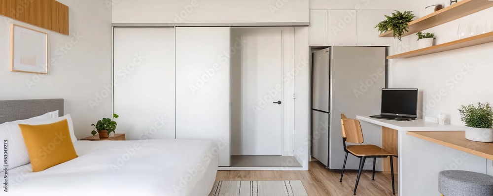 Small studio apartment with a sliding partition to separate work and living spaces Small studio apartment with a sliding partition to separate work and living spaces