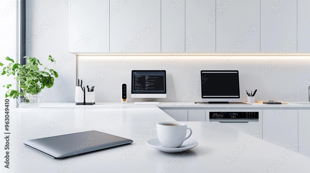 Fototapeta premium Stylish kitchen with a tech corner and built-in work area