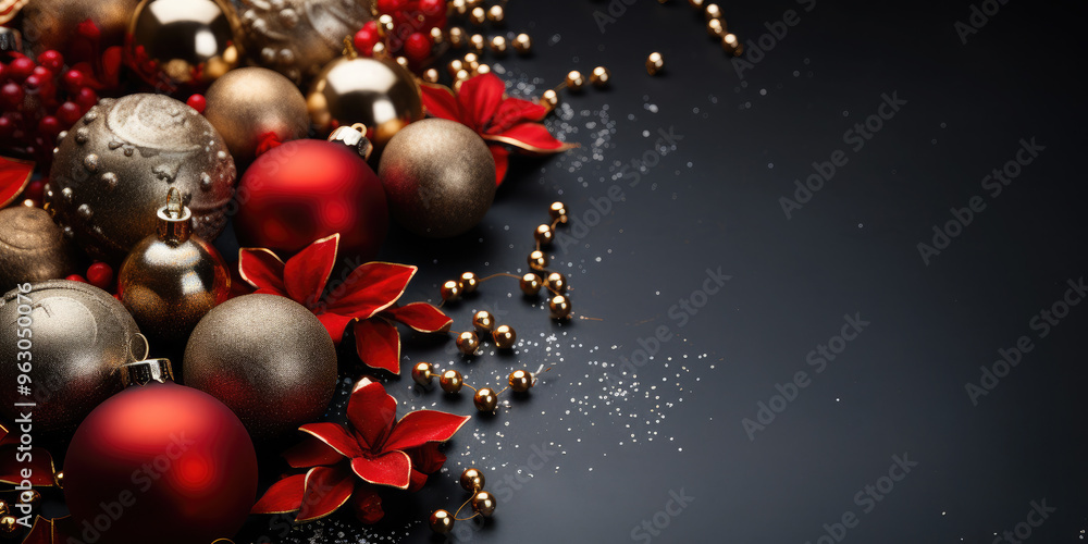 Christmas decorations on dark background. Christmas and New Year! Flat lay, top view. Copy space. Mock up Christmas decorations on dark background. Christmas and New Year! Flat lay, top view. Copy space. Mock up
