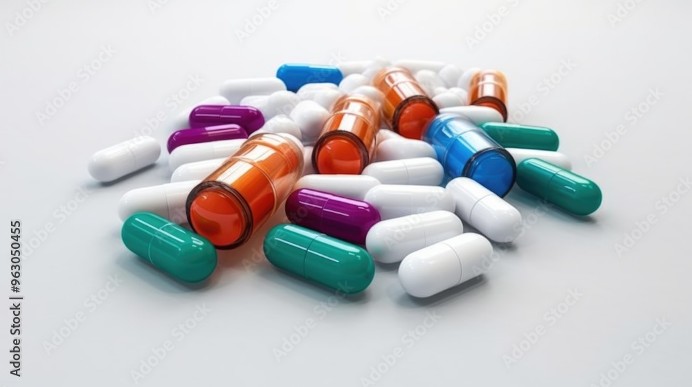 A pile of colorful pills on a white background A pile of colorful pills on a white background