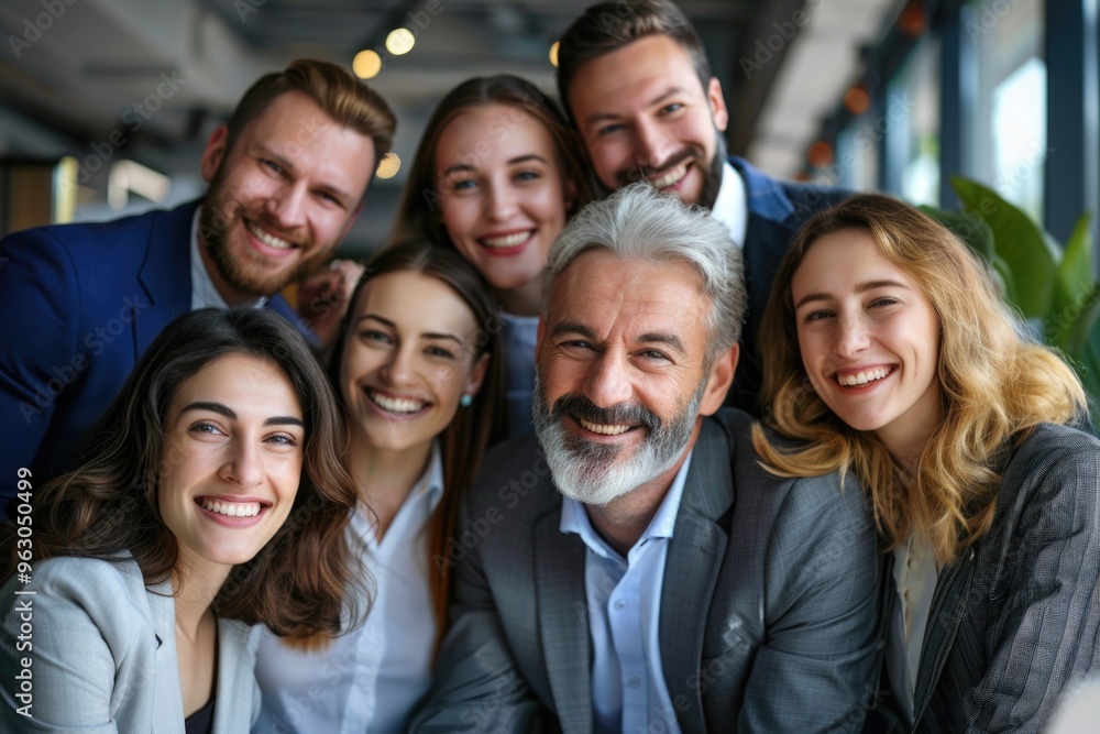 A group of people are smiling for a photo, including a man with a beard A group of people are smiling for a photo, including a man with a beard