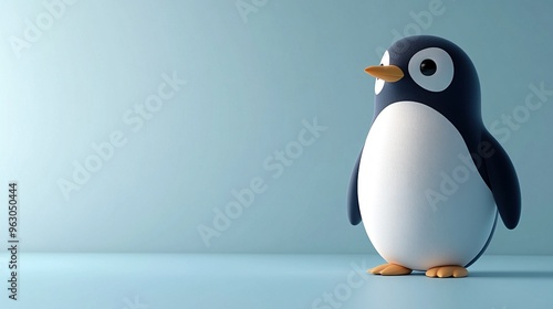 Cute Cartoon Penguin on a Blue Background. 3D penguin is stocked up Design illustrations. photo