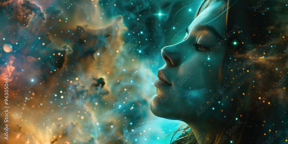 A woman's face is shown in a blue and orange background