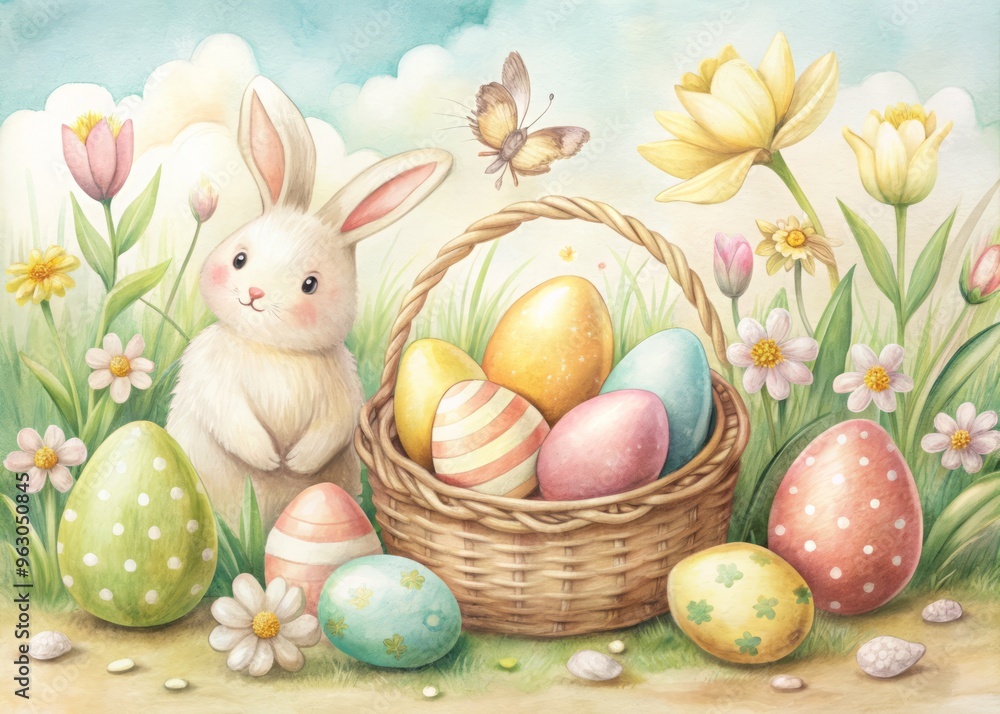 Soft focus hand drawn Easter illustrations with muted color palette Soft focus hand drawn Easter illustrations with muted color palette