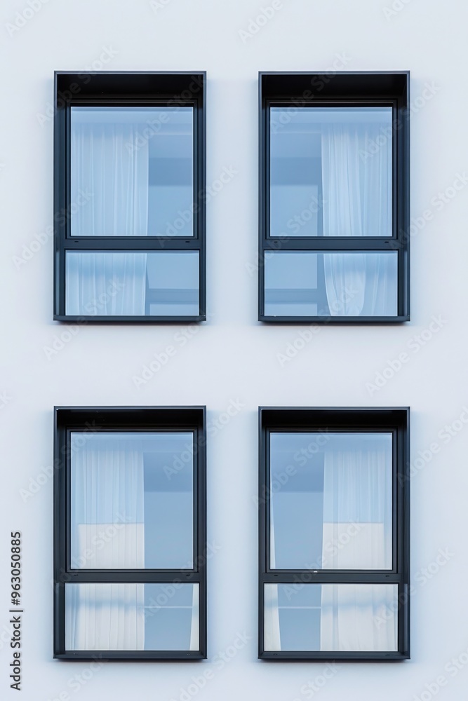 Four windows with black frames and white curtains Four windows with black frames and white curtains