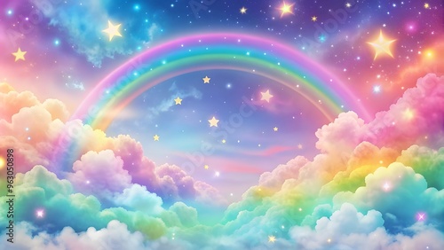 Holographic fantasy rainbow background with clouds and stars. Pastel color sky.Cloudy sky background. Unicorn fantasy pastel galaxy. Rainbow cute wallpaper. Fluffy magic pink landscape