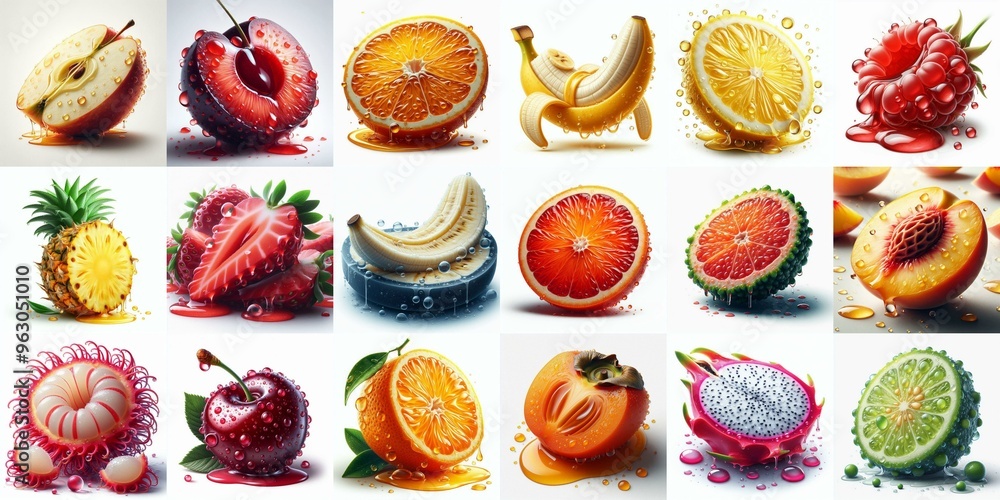 Different sliced fruits. AI generated illustration