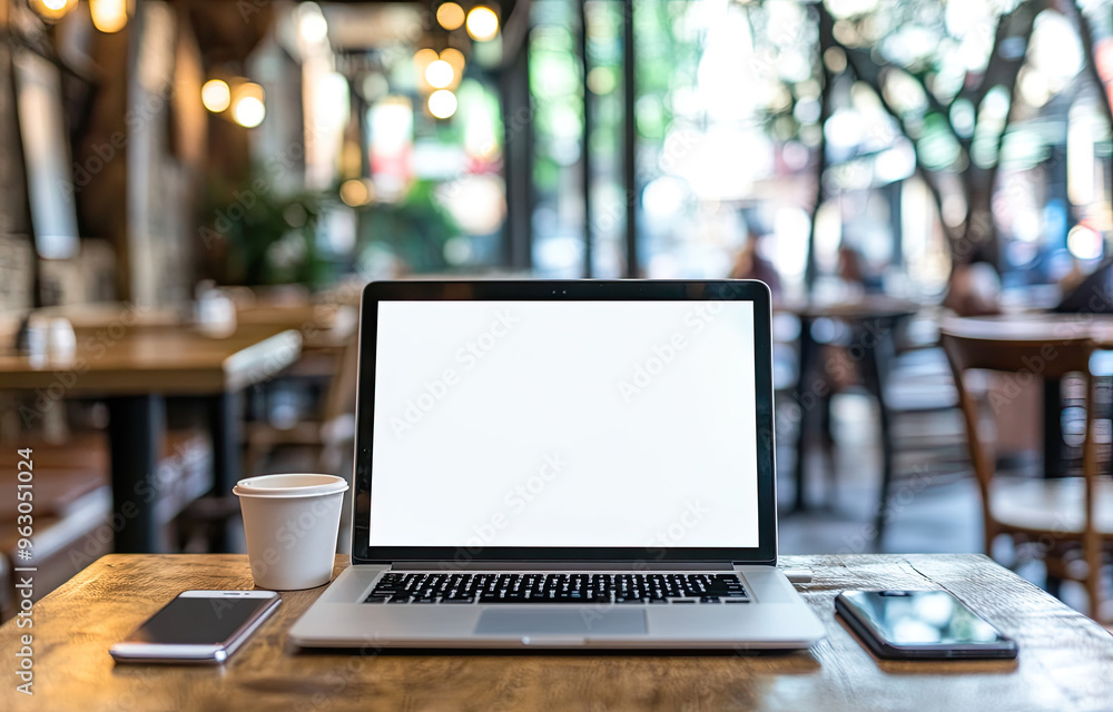 Laptop with white screen on the wooden table and with coffee white cup. Created with Ai Laptop with white screen on the wooden table and with coffee white cup. Created with Ai