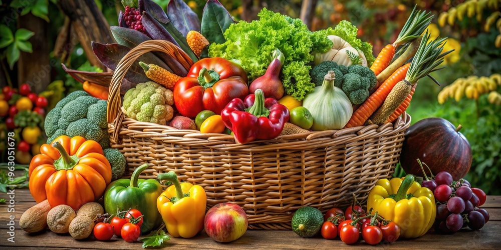 Basket overflowing with an assortment of seasonal produce with varied shapes colors and textures showcasing abundance and freshness Basket overflowing with an assortment of seasonal produce with varied shapes colors and textures showcasing abundance and freshness