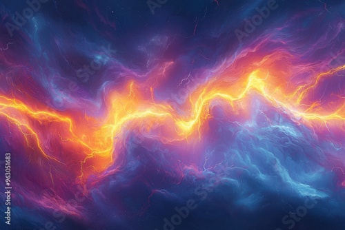 Dramatic, colorful lightning storm clouds in the night sky