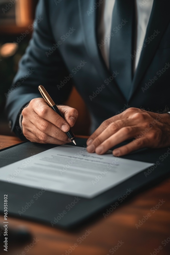 A man in a suit is signing a document with a pen A man in a suit is signing a document with a pen